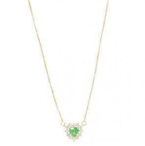 Gargantilha em Ouro 18k Coração com 1 Esmeralda 4.50mm 0.32cts com 12 Diamantes 0.18cts
