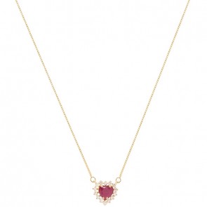 Gargantilha em Ouro 18k Coração com 1 Rubi 6mm 0.85cts com 14 Diamantes 0.20cts