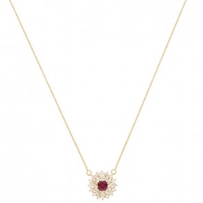 Gargantilha em Ouro 18k  Chuveiro Redonda com 1 Rubi 4mm 0.32cts com 28 Diamantes 0.41cts