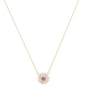 Gargantilha em Ouro 18k Chuveiro Redonda com 1 Safira Roxa 4mm 0.33cts com 28 Diamantes 0.41cts
