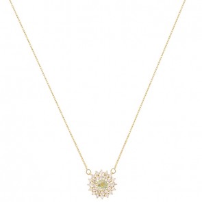 Gargantilha em Ouro 18k Chuveiro Redonda com 1 Safira Verde 4mm 0.40Cts com 28 Diamantes 0.41Cts