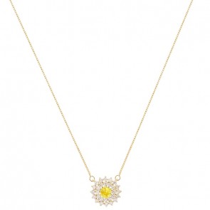 Gargantilha em Ouro 18k Chuveiro Redonda com 1 Safira Amarela 4mm 0.33Cts com 28 Diamantes  0.41Cts