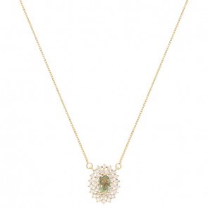 Gargantilha em Ouro 18k Chuveiro Oval com 1 Safira Verde 6x4mm 0.62Cts com 28 Diamantes 0.41Cts