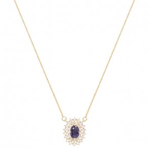Gargantilha em Ouro 18k Chuveiro Oval Com 1 Safira 6x4mm 0.66cts com 28 Diamantes 0.41cts