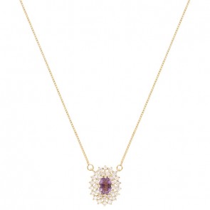 Gargantilha em Ouro 18k Chuveiro Oval com 1 Safira Roxa 6x4mm 0.57cts com 28 Diamantes 0.41cts