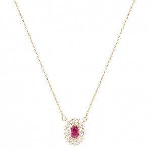 Gargantilha em Ouro 18k Chuveiro Oval com Rubi 6x4mm 0.46cts com 28 Diamantes 0.41cts