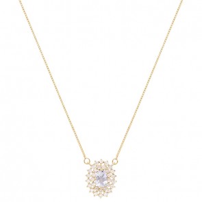 Gargantilha em Ouro 18k Chuveiro Oval com 1 Água Marinha 6x4mm 0.62cts com 28 Diamantes 0.41cts