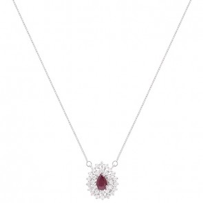 Gargantilha em Ouro Branco 18k Gota  com 1 Rubi 6x4mm 0.44Cts com 30 Diamantes 0.42Cts