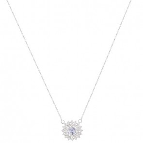 Gargantilha em Ouro Branco 18k Chuveiro Redonda com 1 Água Marinha 4mm 0.25Cts com 28 Diamantes 0.43Cts
