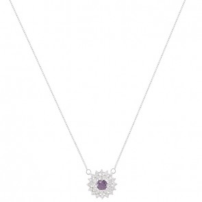 Gargantilha em Ouro Branco 18kChuveiro Redonda com 1 Safira Roxa 4mm 0.33Cts com 28 Diamantes 0.43Cts