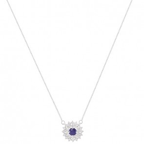 Gargantilha em Ouro Branco 18k Chuveiro Redonda com 1 Safira 4mm 0.38Cts com 28 Diamantes 0.43Cts