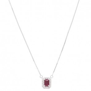 Gargantilha  em Ouro Branco 18k Chuveiro Retangular  com 1 Rubi 6x4mm 0.65Cts com 14 Diamantes 0.21Cts