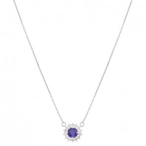 Gargantilha Em Ouro Branco 18k Chuveiro Redondo Com 1 Safira De 0.64 Quilates Com 14 Diamantes De 0.22 Quilates