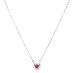 Gargantilha Em Ouro  Branco 18k Coração Com 1 Rubi De 0.31 CTS Com 12 Diamantes De 0.17 CTS