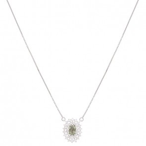 Gargantilha Em Ouro  Branco 18k Chuveiro Oval Com 1 Safira Verde  De 0.62 CTS Com 31 Diamantes De 0.45 CTS