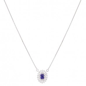 Gargantilha em Ouro Branco 18k Chuveiro Oval com 1 Safira 6x4mm 0.66Cts com 31 Diamantes 0.45Cts