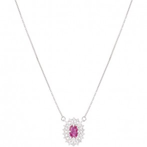Gargantilha Em Ouro  Branco 18k Chuveiro Oval Com 1 Rubi De 0.46 CTS Com 31 Diamantes De 0.45 CTS
