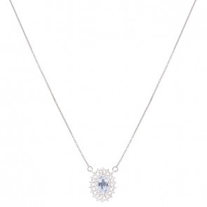 Gargantilha em Ouro Branco 18k Chuveiro Oval Com 1 Água Marinha 6x4mm 0.44cts Com 31 Diamantes 0.45cts