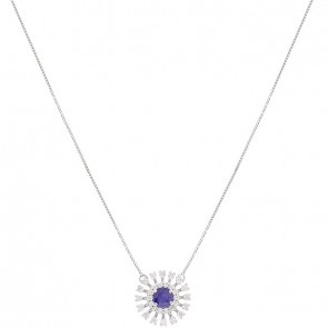 Gargantilha em Ouro Branco 18k Chuveiro Redondo com 1 Safira 5mm 0.64cts com 30 Diamantes 0.45cts