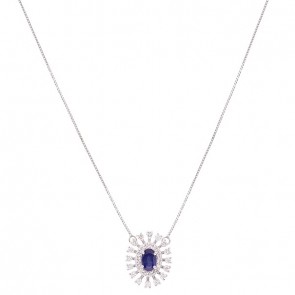 Gargantilha em Ouro Branco 18k Chuveiro Oval com 1 Safira 6x4mm 0.60Cts com 30 Diamantes 0.45Cts