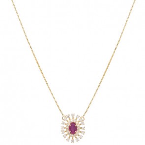 Gargantilha Em Ouro 18k Chuveiro Oval Com 1 Rubi 0.46CTS Com 30 Diamantes 0.45CTS