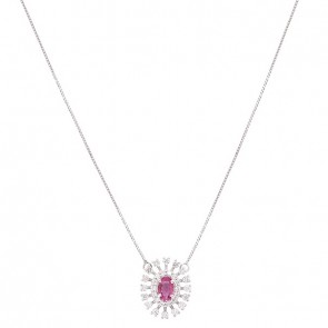 Gargantilha em Ouro Branco 18k Chuveiro Oval com 1 Rubi 6x4mm 0.46cts com 30 Diamantes 0.45cts