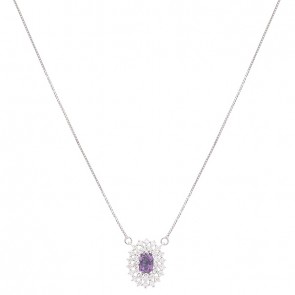 Gargantilha em Ouro Branco 18k Chuveiro Oval com 1 Safira Roxa  6x4mm 0.57Cts com 31 Diamantes 0.45Cts