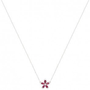Gargantilha  em Ouro Branco 18k Flor com 5 Rubi 5x3mm 1.13Cts e 16 Diamantes 0.15Cts 