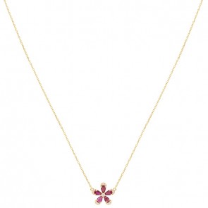 Gargantilha em Ouro 18k Flor com 5 Rubis Gotas 5x3mm 1.13Cts e 16 Diamantes 0.15Cts