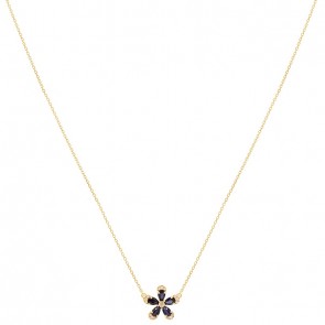 Gargantilha em Ouro 18k Flor com 5 Safiras Gotas 5x3mm 1.30Cts e 16 Diamantes 0.15Cts