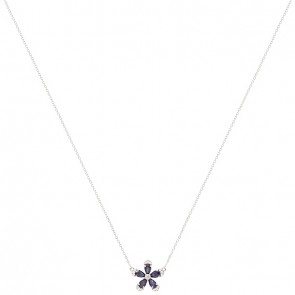 Gargantilha em Ouro Branco 18k Flor com 5 Safiras 5x3mm 1.30Cts e 16 Diamantes 0.15Cts