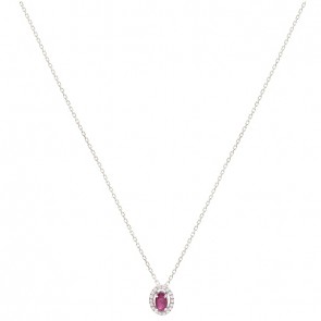 Gargantilha Em Ouro Branca 18k  Chuveiro Oval Com 1 Rubi 0.31CTS Com 18 Diamantes 0.09CTS