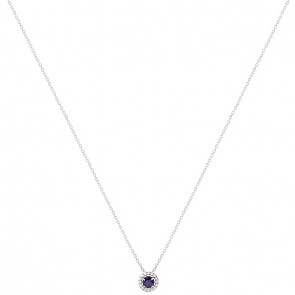 Gargantilha em Ouro Branco 18k Chuveiro Redondo com 1 Safira 4mm 0.36Cts com 16 Diamantes 0.08Cts