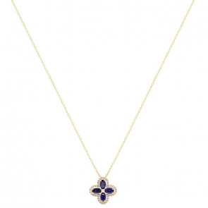 Gargantilha em Ouro 18k Flor com 4 Safiras Navetes 1.25Cts e 41 Diamantes 0.22Cts    