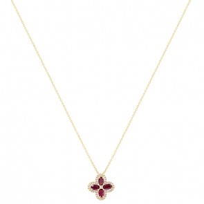 Gargantilha em Ouro 18k Flor com 4 Rubis Navetes 1.17Cts e 41 Diamantes 0.22Cts      