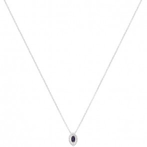 Gargantilha em Ouro Branco 18k Navete com 1 Safira 6x3mm 0.30Cts com 20 Diamantes 0.09Cts