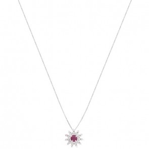 Gargantilha Em Ouro  Branco 18k Chuveiro Flor Com 1 Rubi De 0.35 CTS Com 22 Diamantes De 0.22CTS