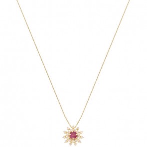 Gargantilha Em Ouro  18k Chuveiro Flor Com 1 Rubi De 0.35 CTS Com 22 Diamantes De 0.22CTS