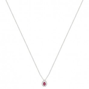 Gargantilha Em Ouro Branco 18k Gota Com 1 Rubi De 0.23CTS Com 18 Diamantes De 0.08CTS