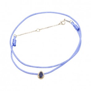 Gargantilha Em Ouro 18k Cetim Com Pingente Gota Bolinhas Polidas e 1 Safira de 6x4mm de 0.47Cts 	