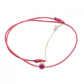 Gargantilha Em Ouro 18k Cetim Com Pingente Redondo Bolinhas Polidas e 1 Rubi de 5mm de 0.49Cts 