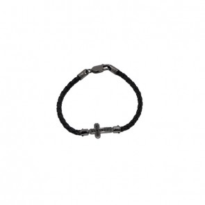 Pulseira em Ouro 18k Alpha Black Leather Cruz com 12 Diamantes Black 