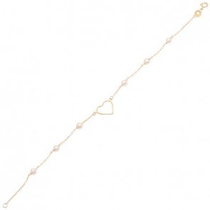 Pulseira em Ouro 18k Cartie 18cm Coração Vazado com Pérolas 3.5mm