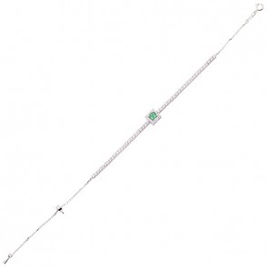 Pulseira em Ouro Branco 18k Meia Riviera 18cm com 64 Diamantes de 0.86CTScom 1 Esmeralda de 0.16CTS