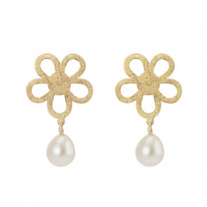 Brinco em Ouro 18k Flor Fosca com Pérola 