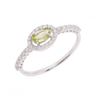 Anel em Ouro Branco 18k Chuveiro Oval com 1 Turmalina Paraíba 5x3mm de 0.38Cts e 30 Diamantes de 0.15Cts