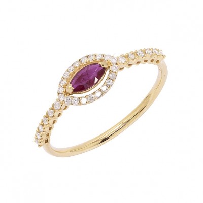 Anel em Ouro 18k Chuveiro Navete com 1 Rubi 0.24Cts e 32 Diamantes 0.16Cts