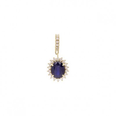 Pingente em Ouro 18k Chuveiro Oval Cravejado com 25 Diamantes e 1 Safira 9x7mm