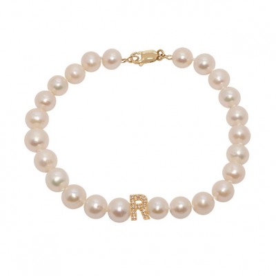 Pulseira em Ouro 18k Contemporânea com Pérola 6mm Letra R com 12 Diamantes