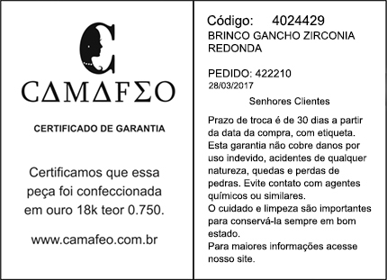 Certificado de Garantia do Ouro 18k  Camafeo Joias